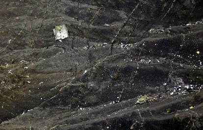 An aerial view of the debris at the crash site of the Germanwings plane that crashed on Tuesday morning in a part of the French Alps known as Seyne.