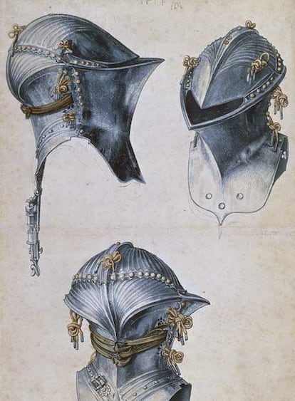 Alberto Durero. <i>Estudio de un yelmo</i> (del tipo Deutschen Gestech), c. 1498-1514. Pluma, tinta y acuarela. París, Musée du Louvre, Département des Arts Graphiques