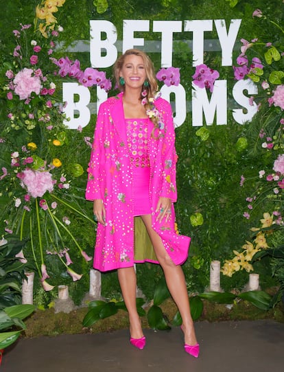 Lively has taken a gamble with this fuchsia gown, which she wore to an event to promote ‘It Ends With Us.’