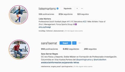 Los perfiles de Instagram de Lieke Martens, la jugadora más popular de la Liga Iberdrola, del Barcelona, y de Sara Serrat, la portera del Sporting Huelva.