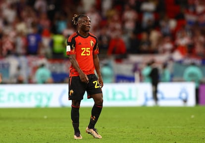 Belgium's Jeremy Doku looks dejected after the match as Belgium are eliminated from the World Cup.