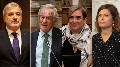 El alcalde de Barcelona, Jaume Collboni (izquierda), y Xavier Trias, Ada Colau y Elisenda Alamany, presidentes de los grupos municipales de Junts, Barcelona en comú y ERC.