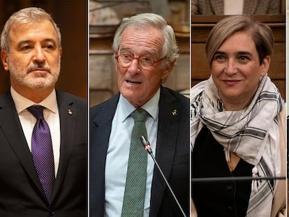 El alcalde de Barcelona, Jaume Collboni (izquierda), y Xavier Trias, Ada Colau y Elisenda Alamany, presidentes de los grupos municipales de Junts, Barcelona en comú y ERC.