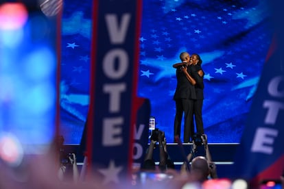 Barack and Michelle Obama on stage at the Democratic National Convention in Chicago on Tuesday night.