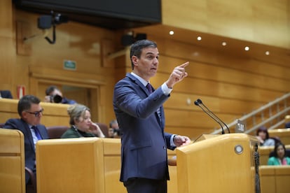 El presidente del Gobierno, Pedro Sánchez, comparece en el Senado durante el pleno.