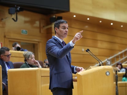 El presidente del Gobierno, Pedro Sánchez, comparece en el Senado durante el pleno.