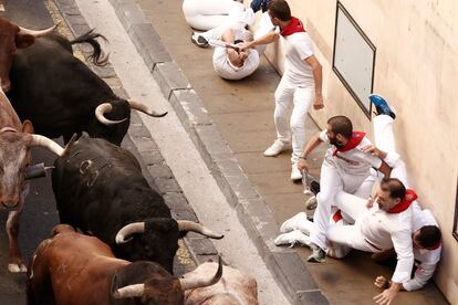 Los toros de la ganadería de Jandilla enfilan la Cuesta de Santo Domingo en los primeros metros del sexto encierro de los Sanfermines. 