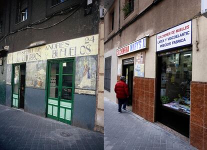 ANTES. Fachada de influencia regionalista de 1936 con todos los elementos protegidos con nivel 1, el máximo, en el número 24 de la calle María de Guzmán. DESPUÉS. Esta es una imagen del local tomada recientemente. "No se han localizado licencias que afecten a elementos protegidos", dice el Consistorio. El dependiente de la actual colchonería explica que su jefe la compró tal y como está ahora en 2000 y que fue un pariente del dueño original el que cambió la fachada antes de vender.