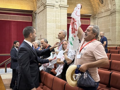 Trabajadores del Centro de Salud de Cazorla protestan durante la sesión de control en el pleno del Parlamento andaluz, el 10 de julio en Sevilla.
