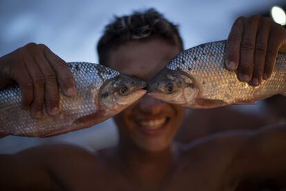 Un joven oculta su rostro con un par de peces en el mercado de pescado de Panair, en Manaos, Brasil.