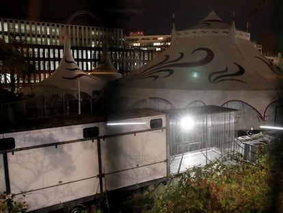 Vista de la jaula de la que ha huido el tigre abatido este viernes en Par&iacute;s.