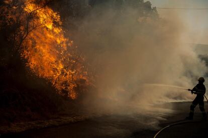 Un bombero lucha contra las llamas en el incendio desatado en Cualedro, en Ourense. En la extinción de este incendio se han movilizado 4 técnicos, 33 agentes, 88 brigadas, 36 motobombas, 2 palas, 9 helicópteros y 12 aviones, y también participan efectivos de la Unidad Militar de Emergencias.