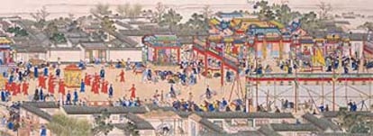 Una de las pinturas realizadas sobre rollos de seda que se exhiben en la exposición de Versalles sobre el reinado del emperador Kangxi.