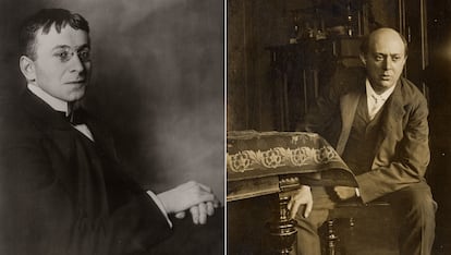 On the left, Karl Kraus in a photo from 1908 (ATELIER D’ORA). On the right, Arnold Schönberg, photographed in 1907 (ARNOLD SCHÖNBERG CENTER).
