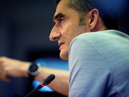 Ernesto Valverde, durante la rueda de prensa previa al primer partido de liga.