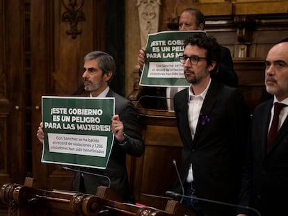 Los concejales de Vox en el Ayuntamiento de Barcelona Gonzalo de Oro-Pulido (abajo) y Liberto Senderos durante el pleno del pasado mes de noviembre, durante un minuto de silencio por las víctimas de la violencia de género.