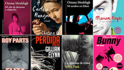 Portadas de libros referentes del género 'feminine fury' (furia femenina): 'Mi año de descanso y relajación', de Ottessa Moshfegh; 'A certain hunger', de Chelsea G. Summers; 'Mi nombre era Eileen', también de Moshfegh; 'Un tipo encantador', de Marian Keyes; 'Boy parts', de Eliza Clark; 'Perdida', de Gillian Flynn; 'La campana de cristal', de Sylvia Plath, y 'Bunny', de Mona Awad.