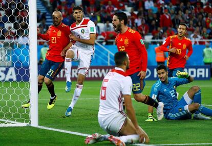 Isco celebra su gol contra Marruecos.