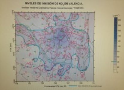 Niveles promedios de NO2 en Valencia de las campañas hechas desde 2011. Buena parte de la ciudad supera el valor límite de 40 miligramos por metro cúbico.