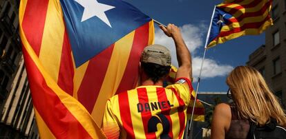 Un hombre ondea una estelada durante la Diada. 