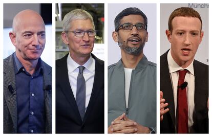 Jeff Bezos, Tim Cook, Sundar Pichai y Mark Zuckerberg.