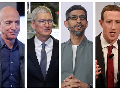 Jeff Bezos, Tim Cook, Sundar Pichai y Mark Zuckerberg.