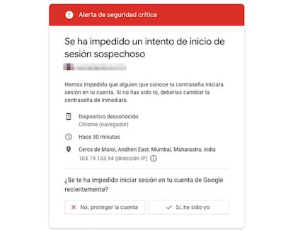 Inicio de sesión sospechoso en Google salvado gracias a la verificación en dos pasos.