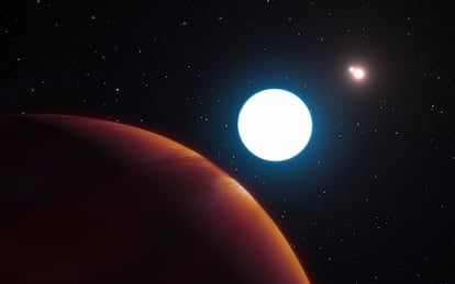 Representación de un planeta gaseoso (izquierda) y tres estrellas.