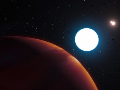 The representation of a gas planet and three stars.