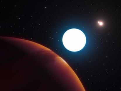 Representación del planeta gaseoso (izquierda) y sus tres estrellas.