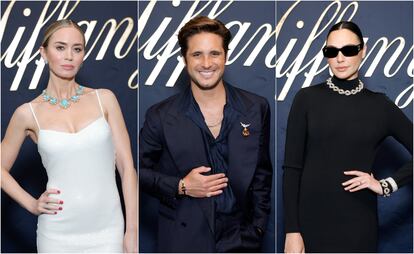 From left to right, actors Emily Blunt, Diego Boneta and Gal Gadot, at the Tiffany event in Los Angeles on April 25, 2024.