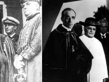 Franco, junto al general Queipo y el cardenal de Sevilla Ilundain, en 1936. A la derecha, Pío XI (de blanco) y el cardenal Pacelli, futuro Pío XII.