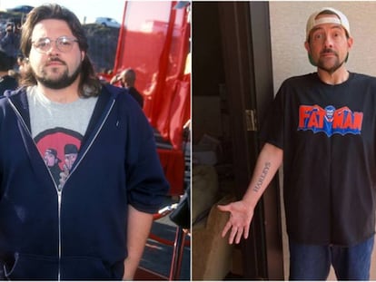 A la izquierda, Kevin Smith –con 116 kilos de peso– en los MTV Movie Awards de 1999. A la derecha, el cineasta mostrando en Instagram su imagen con 23 kilos menos.