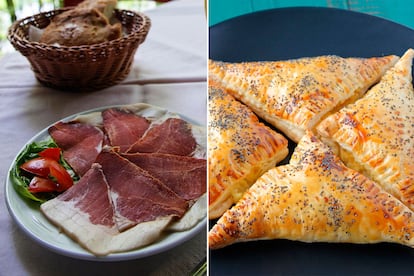 A la izquierda, prosciutto montenegrino. A la derecha, ‘burek’, una delicia culinaria fácil de encontrar en la zona de los Balcanes.