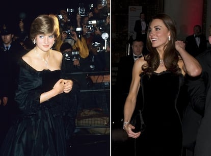 Lady Di, en un concierto benéfico en el Goldsmiths Hall de London en marzo de 1981. A la derecha, Kate Middleton en los premimos The Sun Military Awards en 2011.