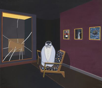 'En la Tate Gallery, José María Blanco White es vigilado por un enviado de Madrid', 1979. Óleo sobre lienzo. 200 x 230. Colección particular.