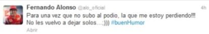 Alonso ironiza en tuiter con la tensión entre Webber y Vettel.