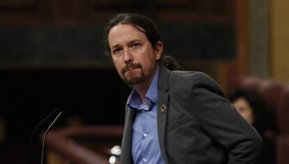 Pablo Iglesias, vicepresidente de Derechos Sociales y Agenda 2030, durante la tercera sesión de investidura el pasado 7 de enero, con el pin de los ODS en la solapa.