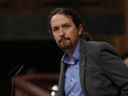 Pablo Iglesias, vicepresidente de Derechos Sociales y Agenda 2030, durante la tercera sesión de investidura el pasado 7 de enero, con el pin de los ODS en la solapa.