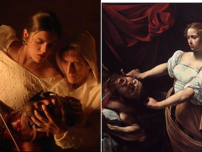 A la izquierda, Amaia en el videoclip de 'Quiero que vengas'. A la derecha, el cuadro de Caravaggio 'Judith decapitando a Holofernes'.