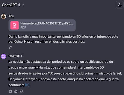 ChatGPT respondiendo preguntas con una copia en PDF de la edición de EL PAÍS del miércoles pasado