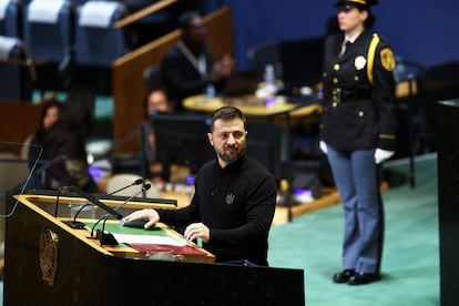 El presidente ucranio, Volodímir Zelenski, interviene ante el plenario de la 79ª Asamblea General de la ONU en Nueva York, este miércoles.