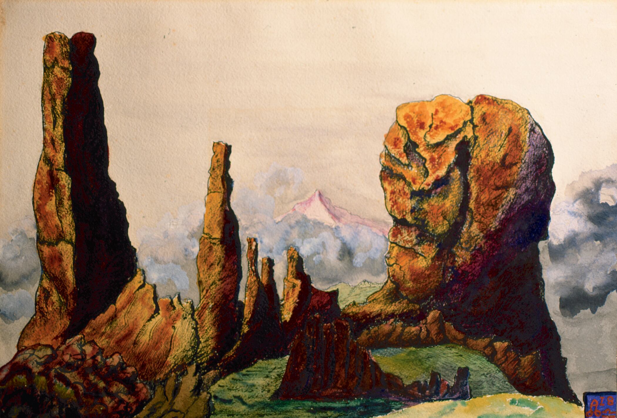 'Cumbre nevada más allá de las laderas', pintura de Aleister Crowley de 1934. 