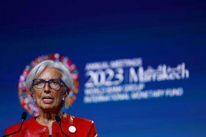 La presidenta del BCE, Christine Lagarde, durante las reuniones anuales del FMI y el Banco Mundial.