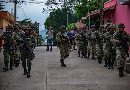 Soldiers patrol the municipality of Comalapa, Mexico, in September 2023.