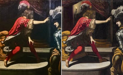 'The Capture of Saint Peter' by Rutilio Manetti. On the left, an image of the stolen painting. On the right, an image of the painting owned by Vittorio Sgarbi, with the candle in the upper left.