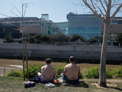 En la foto, dos chicos toman el sol en Madrid Río, este sábado.