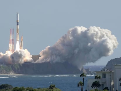 An HII-A rocket blasts off from the launch pad at Tanegashima Space Center in Kagoshima, southern Japan Thursday, Sept. 7, 2023. (Kyodo News via AP)