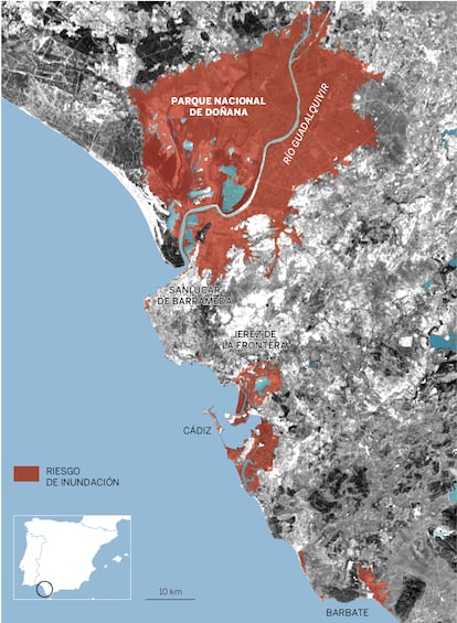 Doñana. Zonas en riesgo de inundación en 2050 si las emisiones de efecto invernadero crecen como hasta ahora y hay un nivel de deshielo alto.