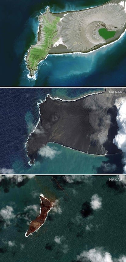 Esta combinación de imágenes de satélite muestra una vista más cercana de la parte occidental del volcán Hunga Tonga-Hunga Ha'apai (imagen superior) el 10 de abril de 2021; luego, mientras libera ceniza y humo el 6 de enero (imagen central), y el mismo lugar el 18 de enero (imagen inferior), tres días después de que una erupción masiva destruyera la mayor parte de un islote, el 15 de enero, devastando la cercana Tonga y causando un tsunami en el océano Pacífico.